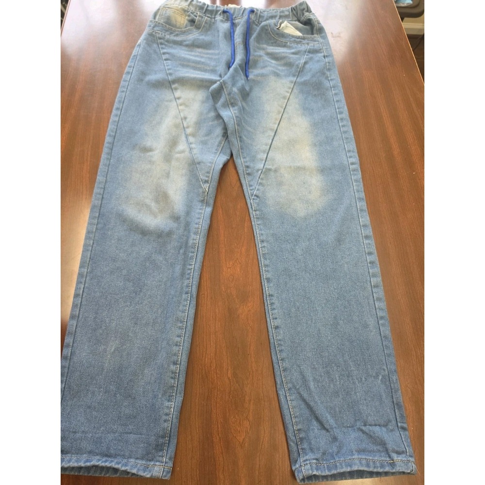 MissLook Denim Jeans Womens S Blue Pull On Elastic Waist Drawstring Wide Leg